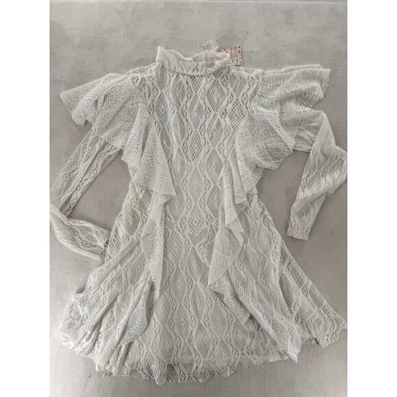 Free People Rock Candy Ivory White Lace Dress Long Sleeve Ruffle Mini Small NWT - Picture 5 of 9
